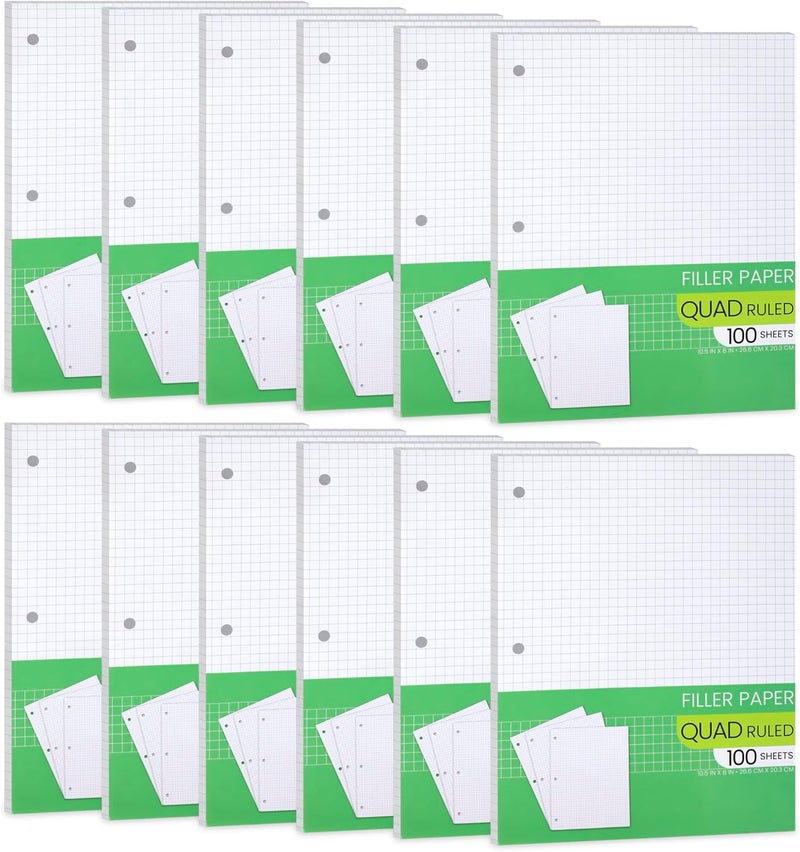 Manaloom Graph Paper, Filler Paper Loose leaf Graph Paper - 8” x 10.5" - Graph Ruled, 4x4 Quad Ruled Notebook Paper, 3 Hole Punched Loose leaf Papers for 3 Ring Binders - 100 Sheets per Pack (12 Pack) - Image 1